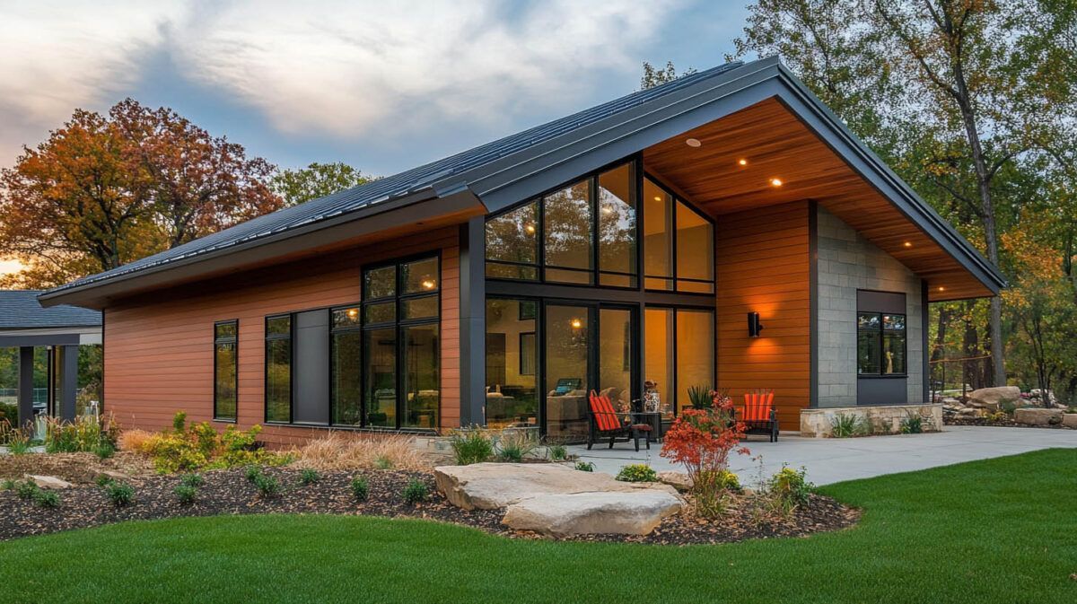 Modern wood house with large glass windows, warm porch lights, and landscaped yard at dusk