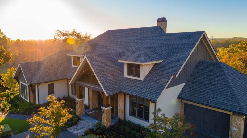 Sunlit suburban house with gray roof and stone accents at sunset