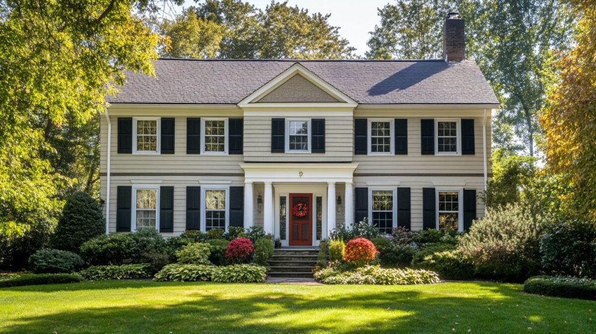 Two-story beige colonial house with black shutters, white columns, and a red front door amid green lawn.