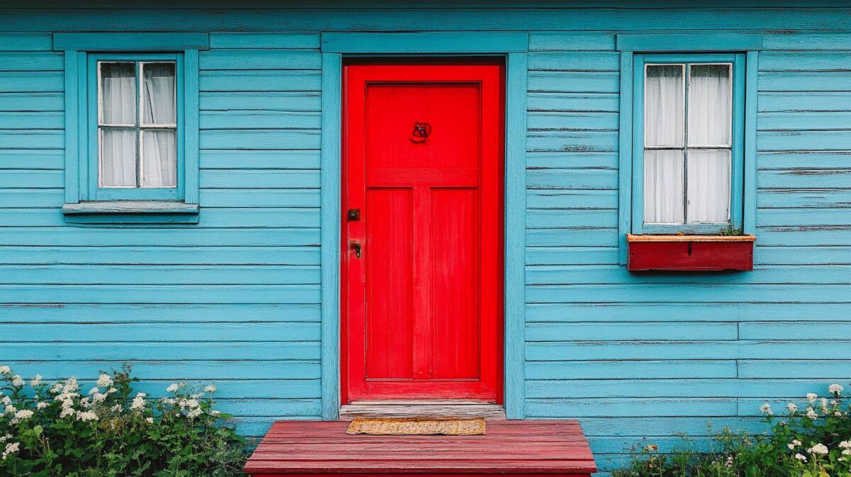 Bright blue house facade with a vivid red door and white-trimmed windows