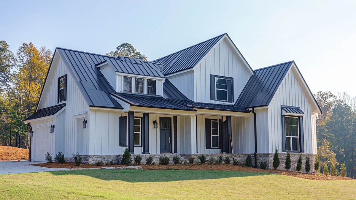 White house with a dark metal roof and front porch, set on a grassy lawn with trees in the background