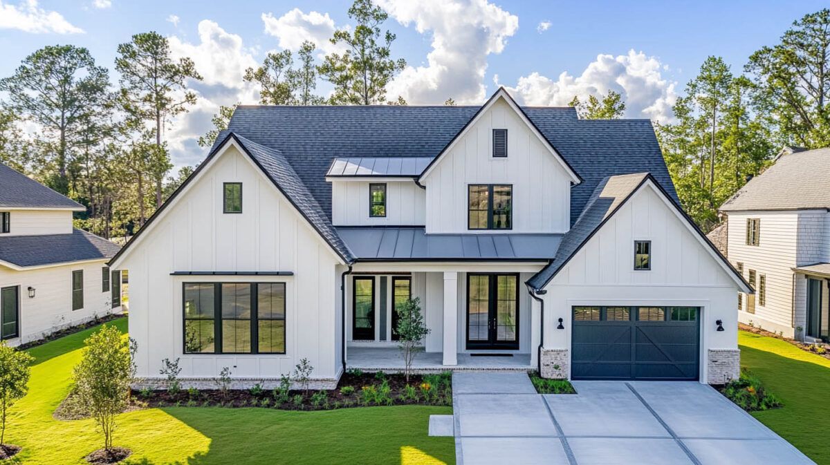 White two-story suburban house with dark roof, front lawn, and attached garage under a sunny sky