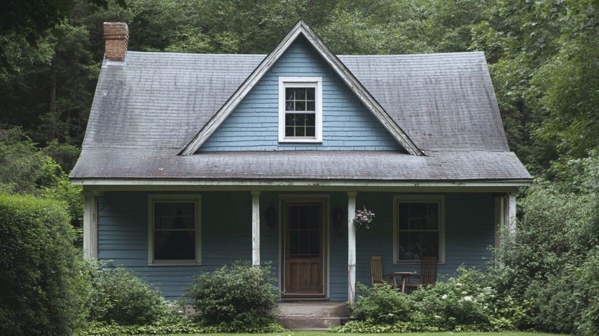 Blue cottage with gray roof and white trim, framed by lush green trees and shrubs