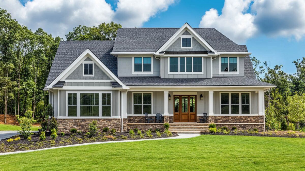 Gray two-story suburban house with front porch, stone trim, and a green lawn