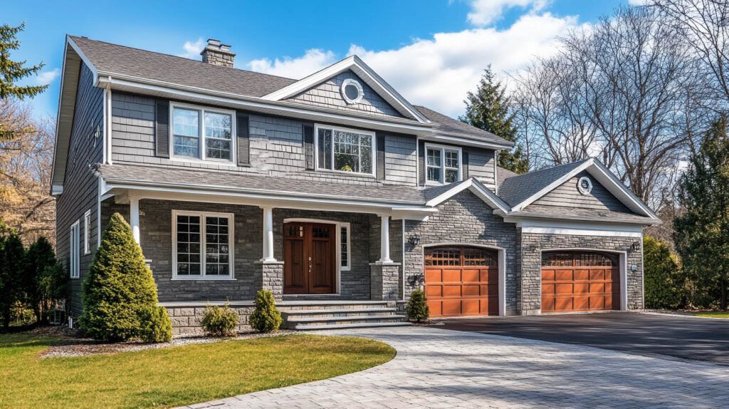 Two-story gray stone house with two-car garage, front porch, and a curved driveway under a blue sky