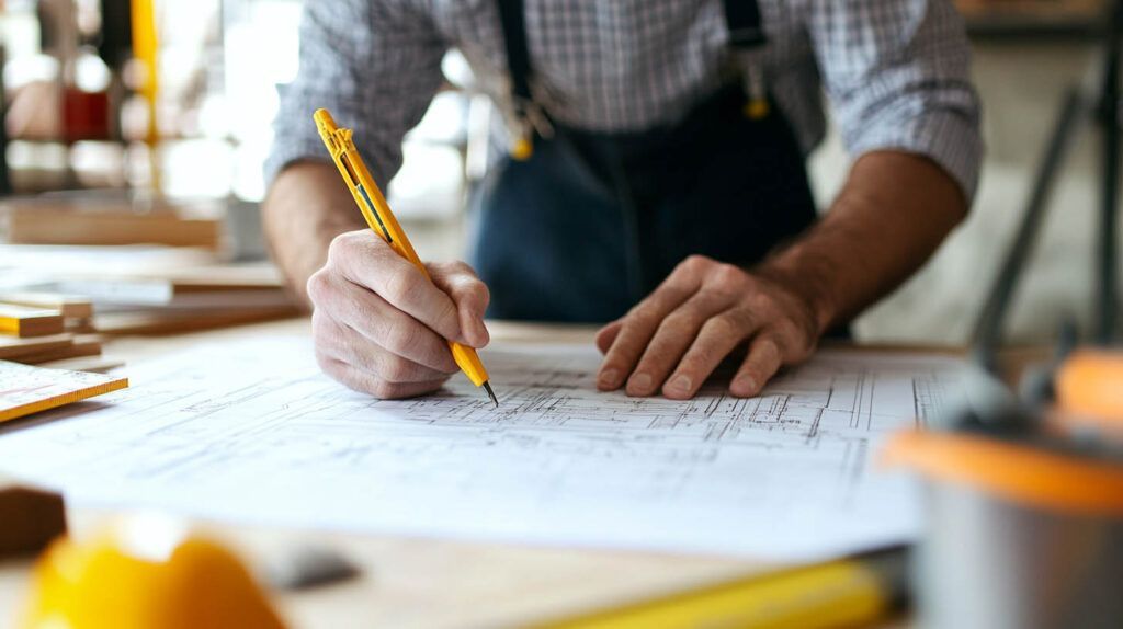 Hands sketching a design on paper with a yellow pencil at a desk