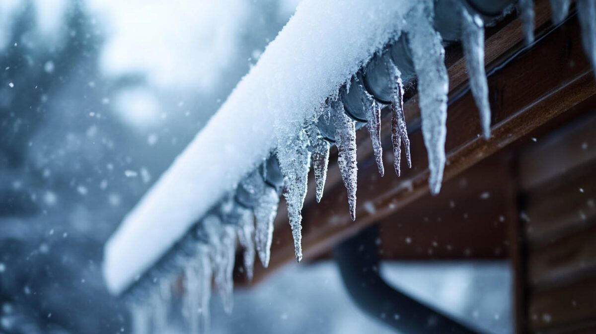 Icicles hanging from a snow-covered roof edge with falling snow in a blurred winter scene