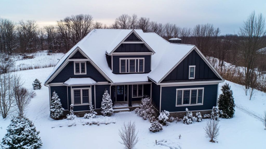 Snow-covered dark gray house with white trim in a winter landscape