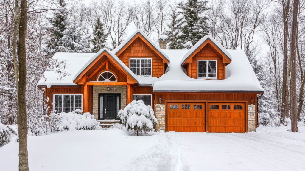 Snow-covered orange log cabin with lit windows and garage in a winter forest