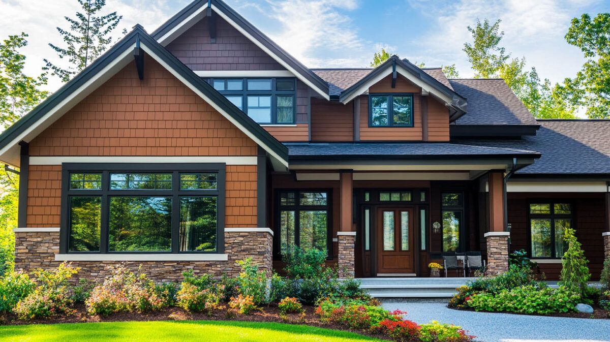 Modern suburban house with stone and wood facade, large windows, and a landscaped front yard