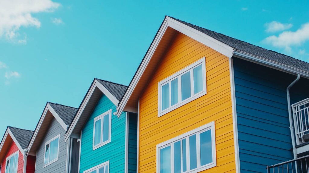 Colorful row of modern townhouses with gabled roofs under a bright blue sky