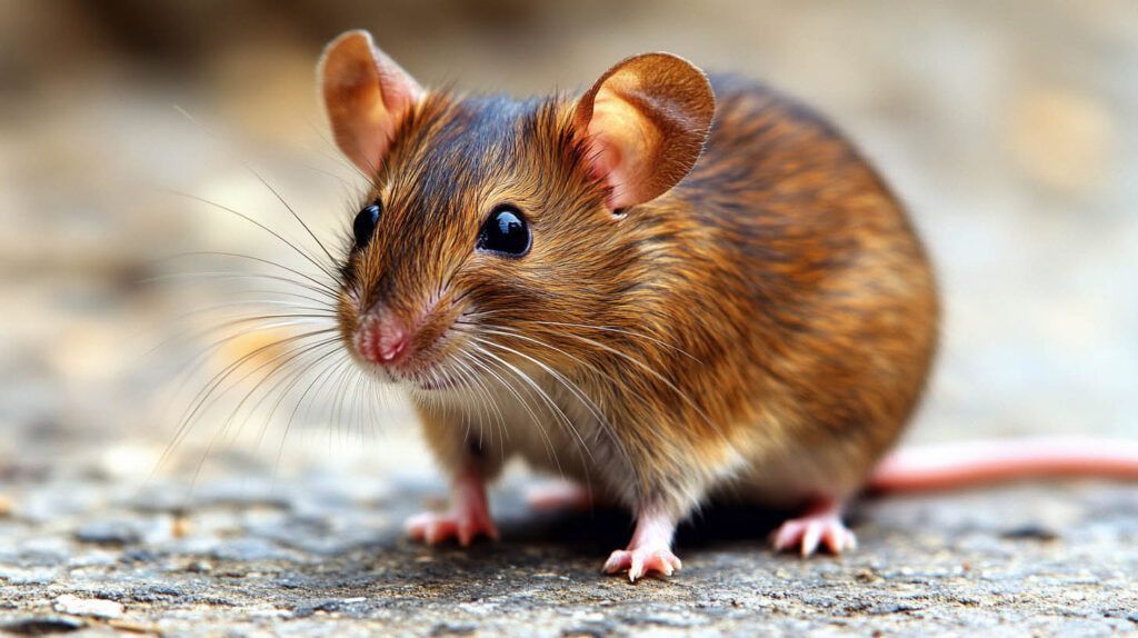 Small brown mouse standing on a stone surface, facing the camera.