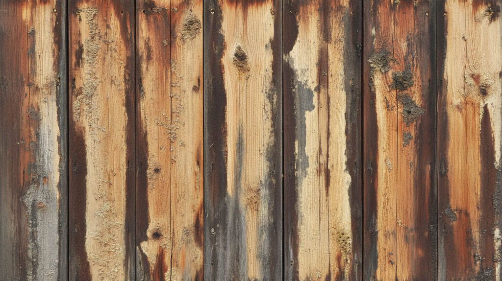 Weathered wooden planks with peeling white paint and rusty brown streaks