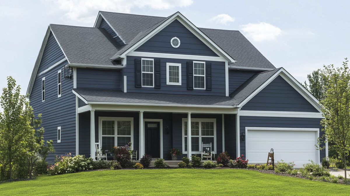 Blue two-story suburban house with white trim, front porch, and attached garage