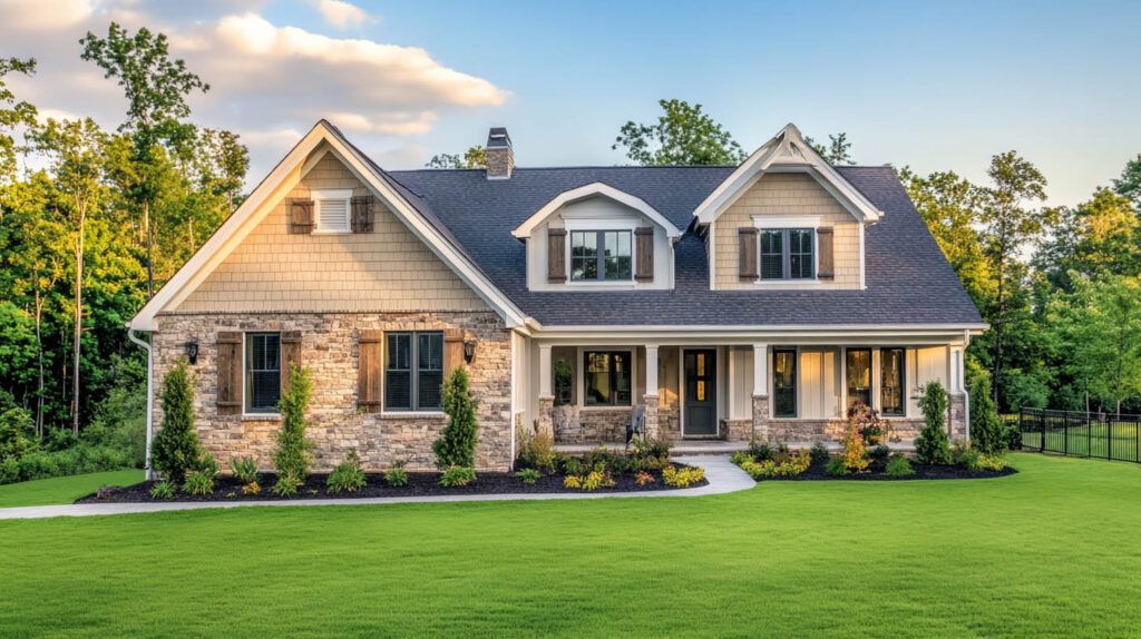 Large suburban house with stone facade, dark roof, and a wide green lawn under a partly cloudy sky
