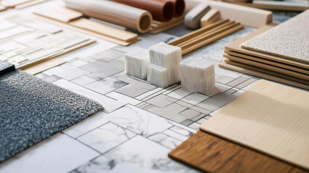 Architectural materials sample board with tiles, wood, fabric, and rolled plans on a table
