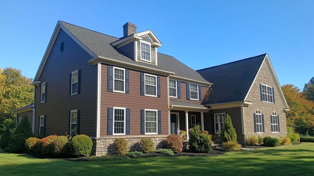 Large brick suburban house with a gray roof, white trim, and a manicured lawn in sunlight