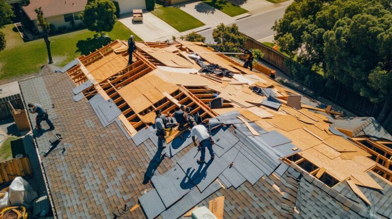 Roof under construction with workers removing old shingles and plywood sheets
