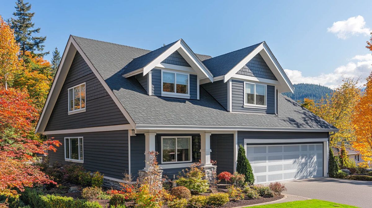 Dark gray suburban house with white trim, garage, and autumn trees