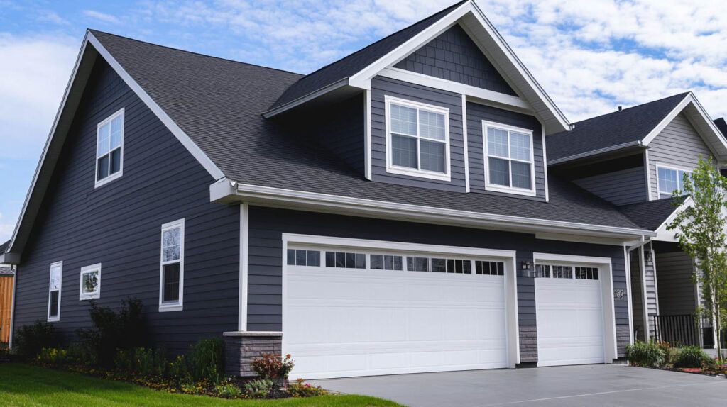 Dark gray suburban house with white trim and a two-car garage