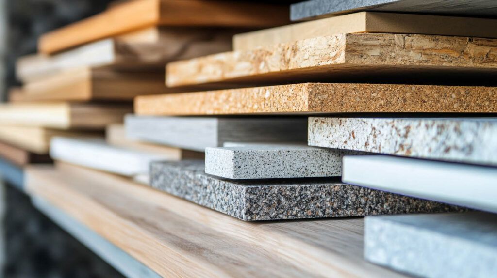 Stacked laminate and wood boards in a warehouse or lumber yard, shown in close-up.
