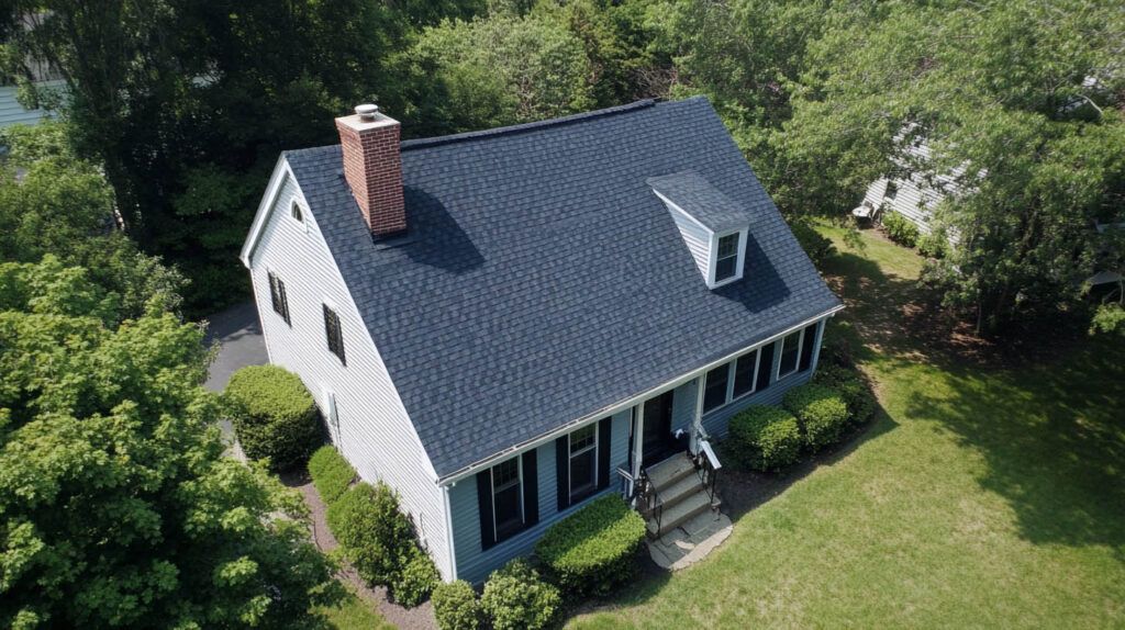Aerial view of a white house with dark roof, chimney, and front porch surrounded by green trees and lawn