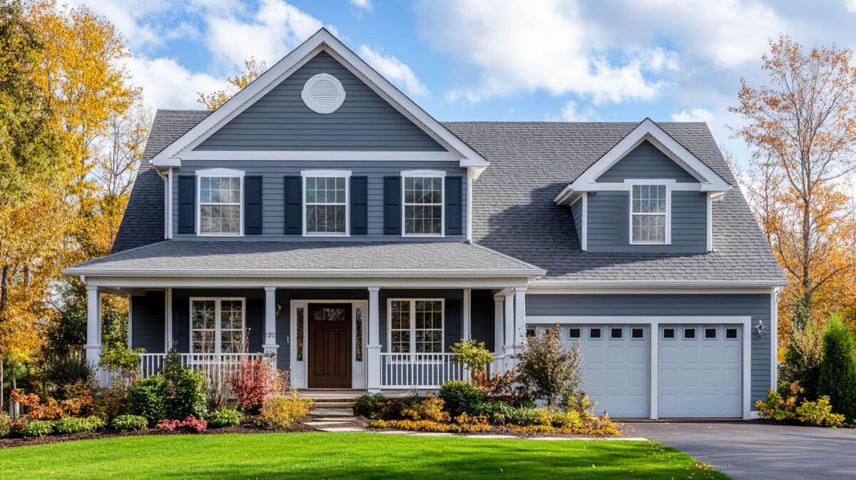 Gray suburban house with white trim, front porch, and attached garage, surrounded by autumn trees.