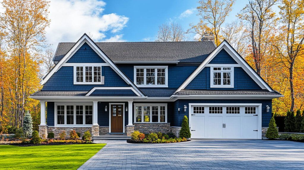 Blue suburban house with white trim, front porch, and two-car garage amid autumn trees