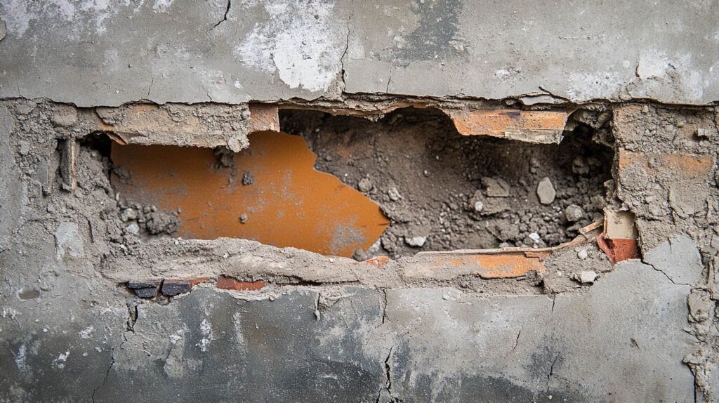 Cracked gray wall with a large missing plaster section exposing orange backing and brick.