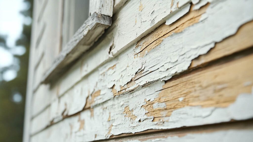 Peeling white paint on weathered wooden siding with exposed tan wood beneath