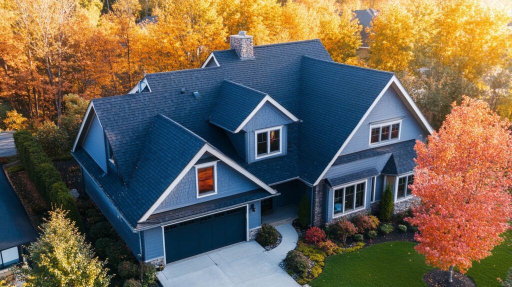 Aerial view of a blue-roofed house surrounded by vibrant autumn trees