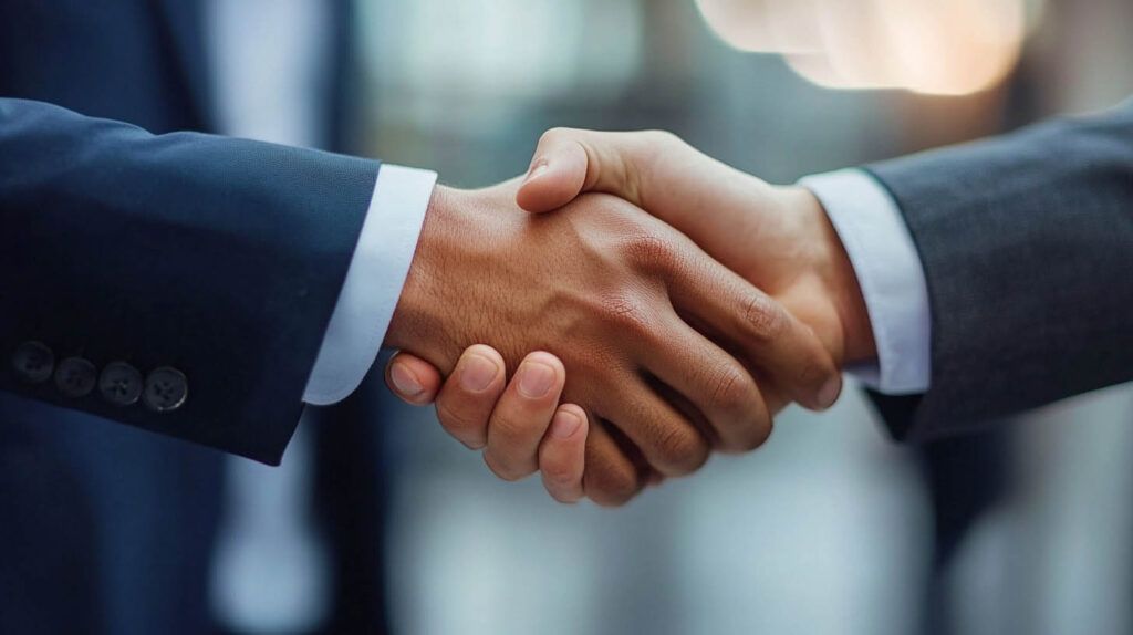 Two businesspeople in suits shaking hands in a blurred office setting