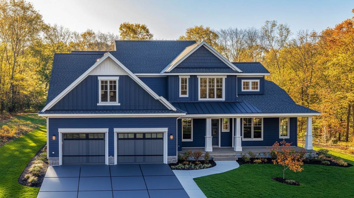 Blue two-story house with attached garage and autumn trees in the background