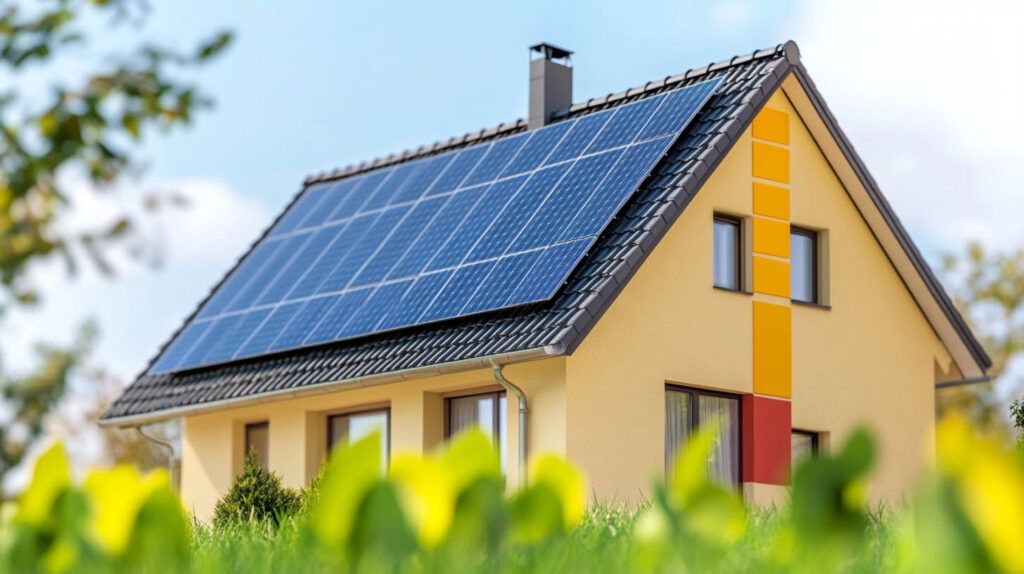 Yellow house with solar panels on the roof, seen through green grass under a blue sky