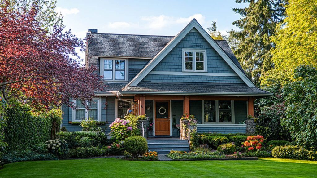 Charming blue-gray house with a front porch, surrounded by lush green lawn and colorful trees.