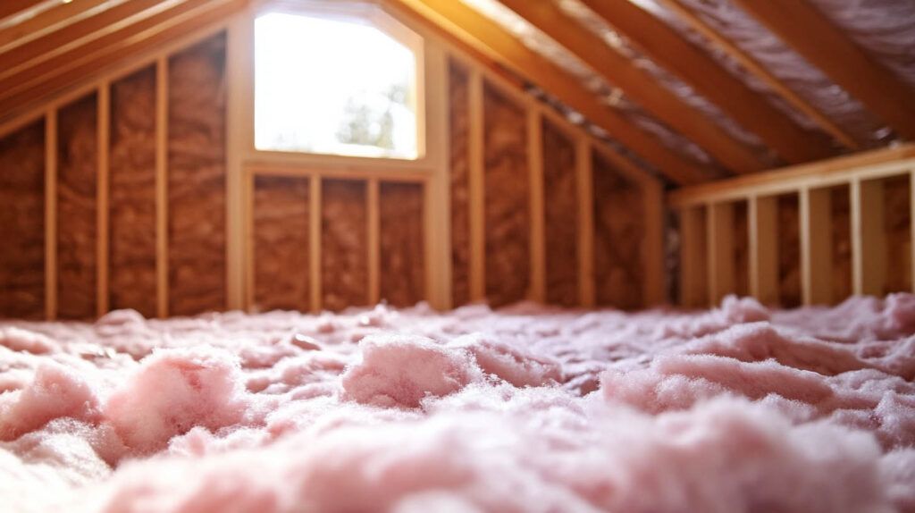 Pink insulation covering the floor of an unfinished attic with exposed wooden rafters and a small window.