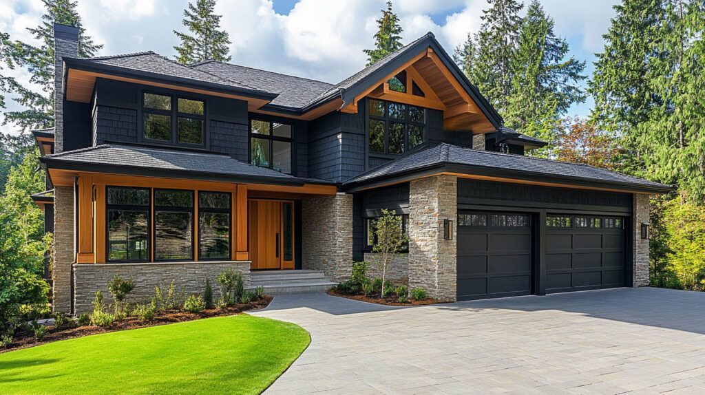 Modern two-story house with stone accents, black garage doors, and a green lawn under trees