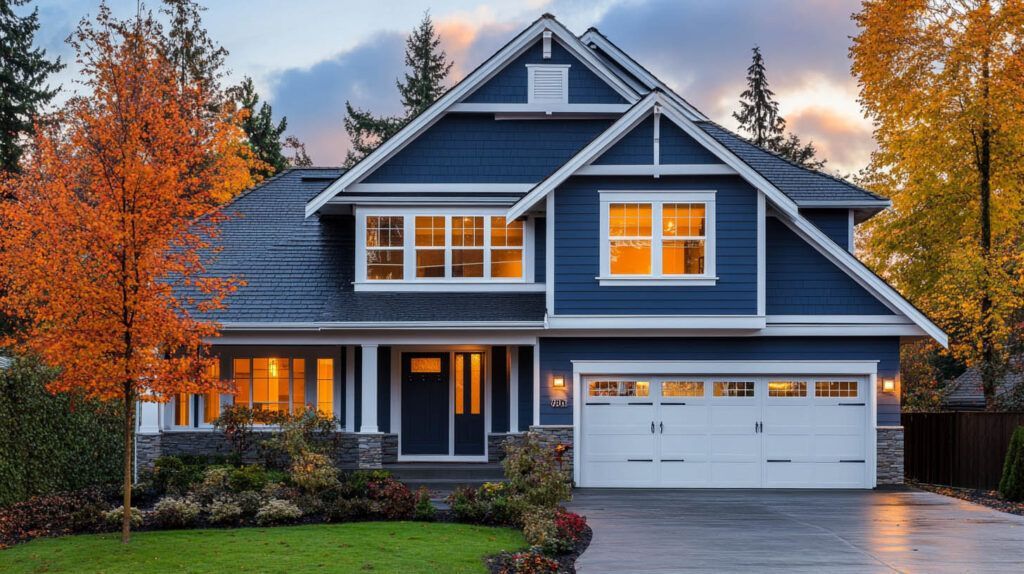 Blue suburban house with warm-lit windows, white garage, and autumn trees at dusk
