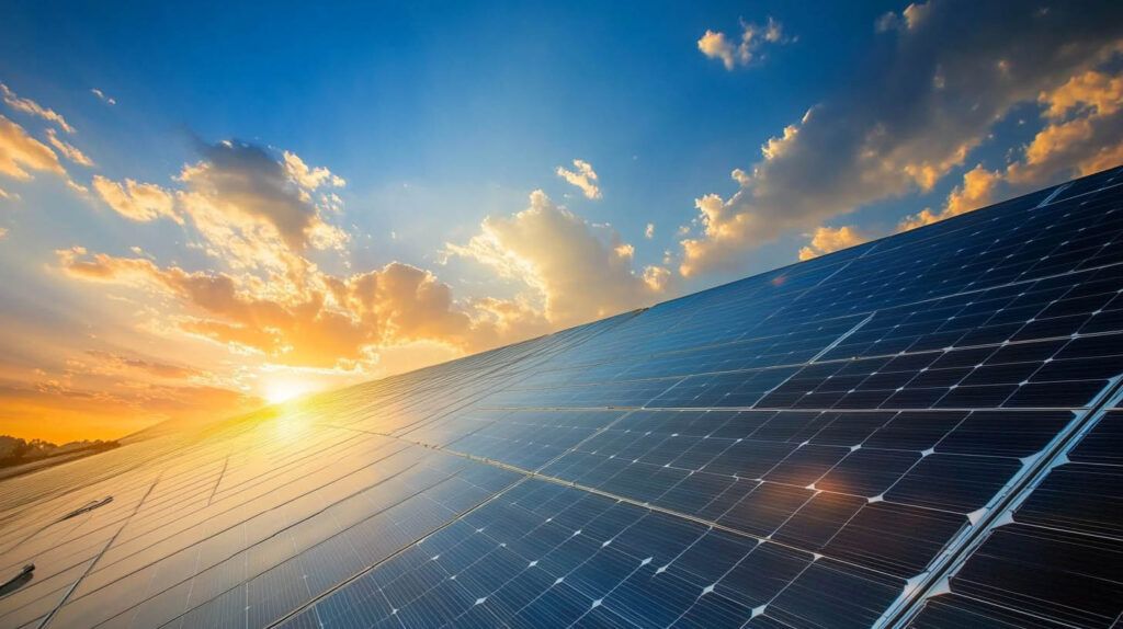 Solar panels at sunset with warm orange light and blue sky