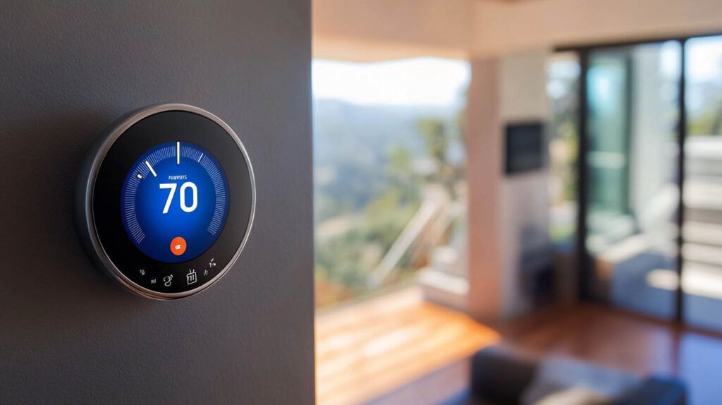 Round blue thermostat display showing 70°F on a wall in a modern home interior.