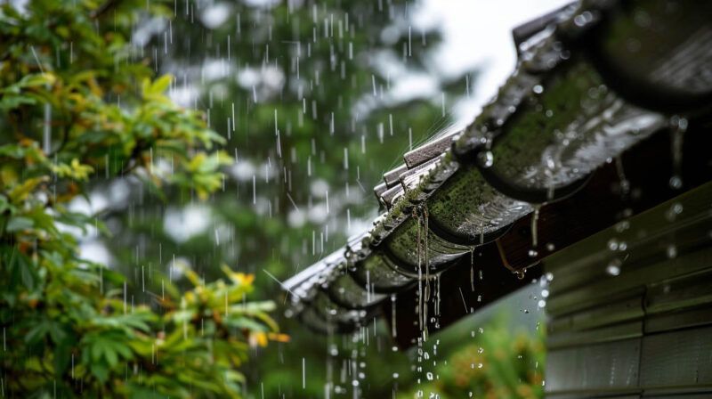 Rain falling on a traditional house roof with dark tiles and green foliage in the background