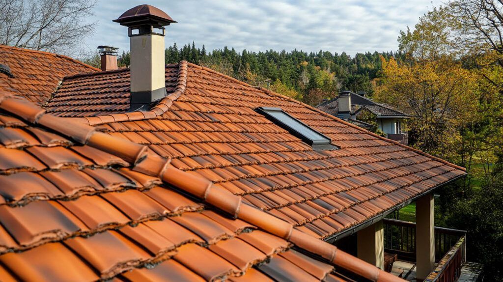 Red-tiled house roof with a chimney and skylight against trees and cloudy sky