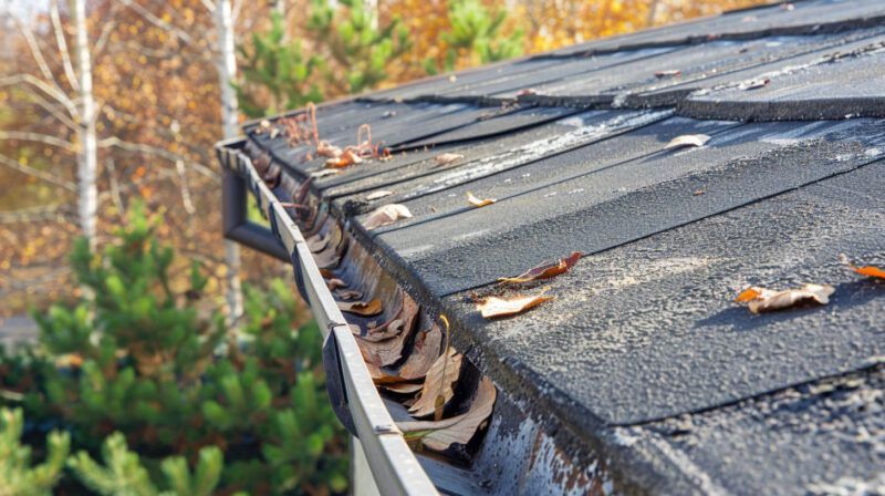 Gutter filled with fallen leaves beside a gray shingled roof in autumn