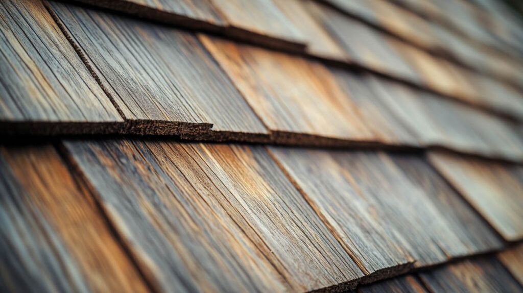 Close-up of weathered wooden roof shingles with gray, brown, and orange tones