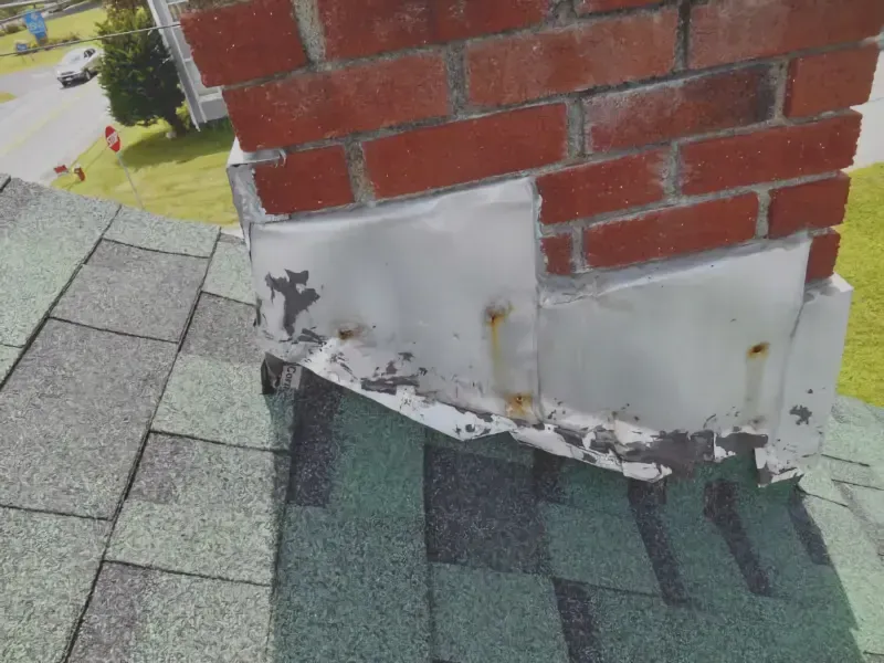 Damaged brick chimney with peeling metal flashing on a shingled roof