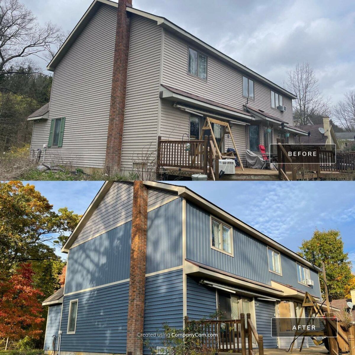 Before-and-after view of a blue house exterior renovation, showing weathered siding above and refreshed siding below.