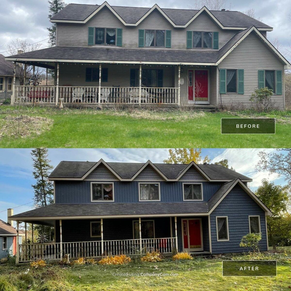 Before-and-after of a gray house exterior makeover with a red front door and porch railing.