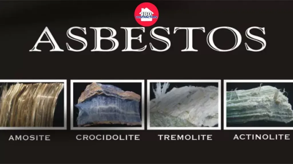 Asbestos types chart with four mineral samples labeled amosite, crocidolite, tremolite, and actinolite