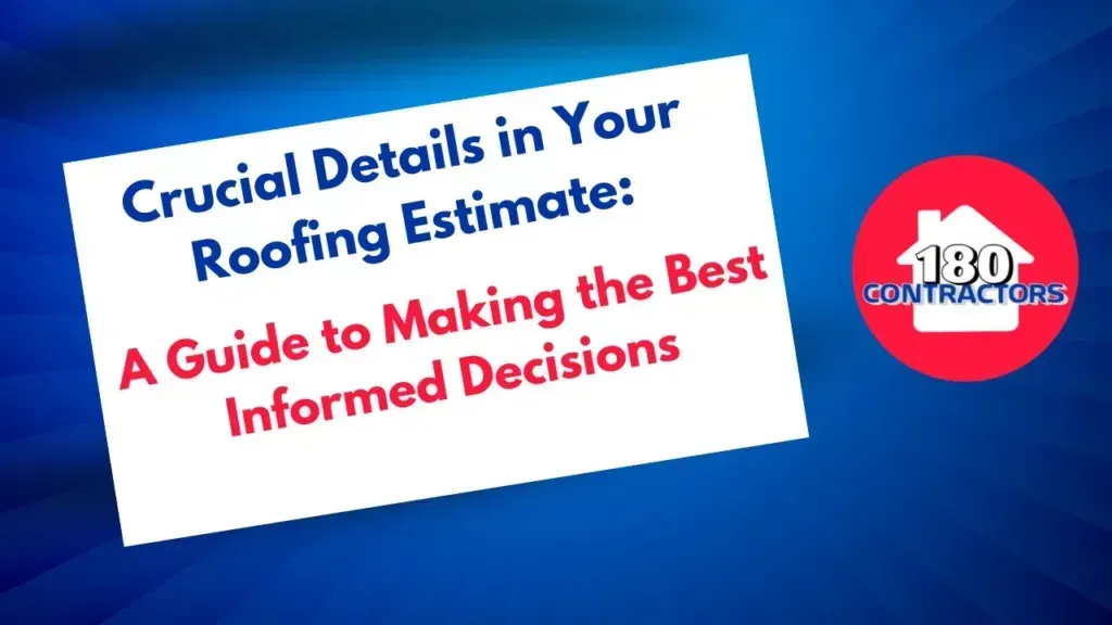 Blue slide with tilted white card reading “Crucial Details in Your Roofing Estimate” and red circular logo.