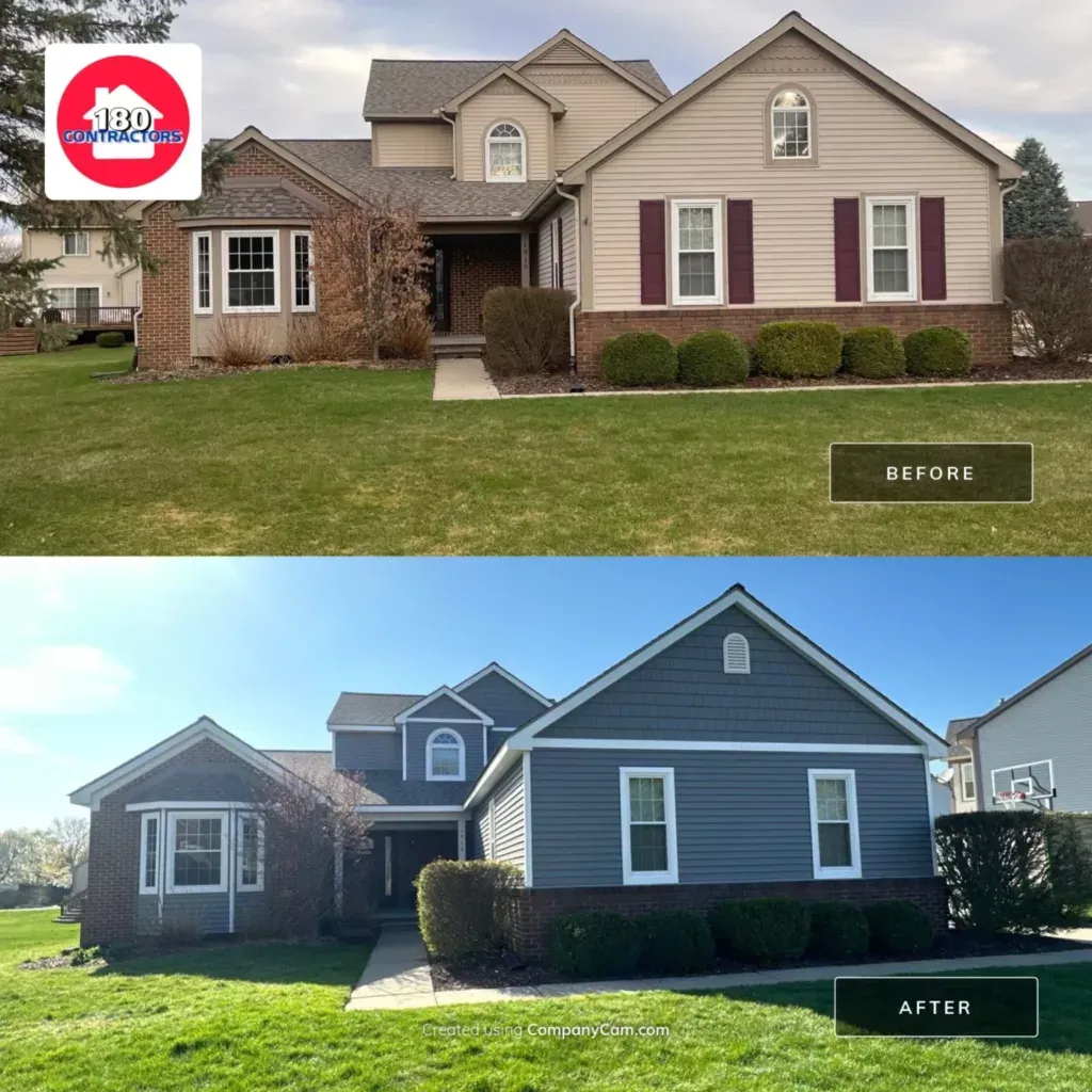 Front and back of a house exterior, showing a beige front and blue rear with lawn and walkway.